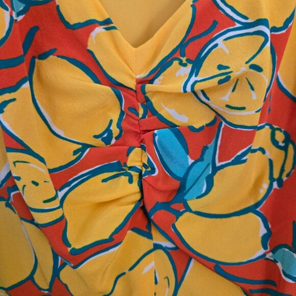 J. Peterman Lemon Print Dress 100% Silk Handkerchief Sleeve V Neck Dress Size 6 - Picture 5 of 7